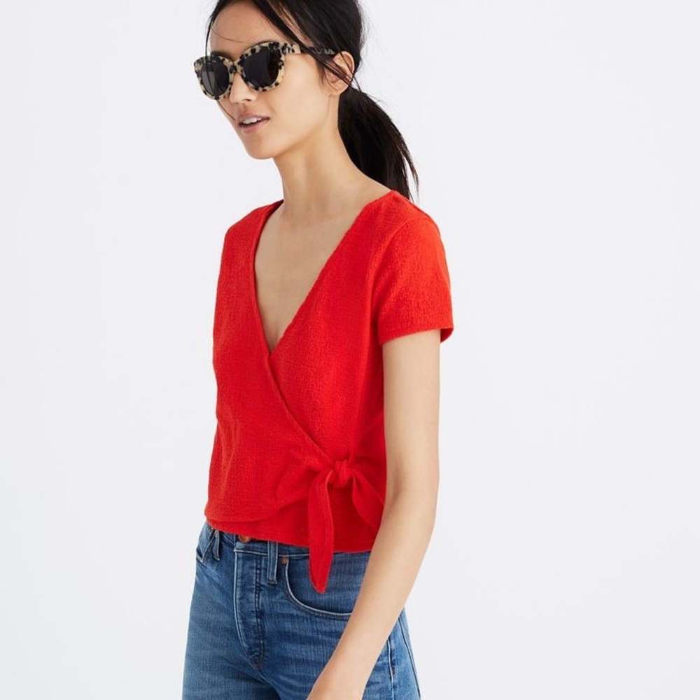 Madewell Cotton Short Sleeve Texture & Thread Wrap-Tie Top in Red Size XS/XXS